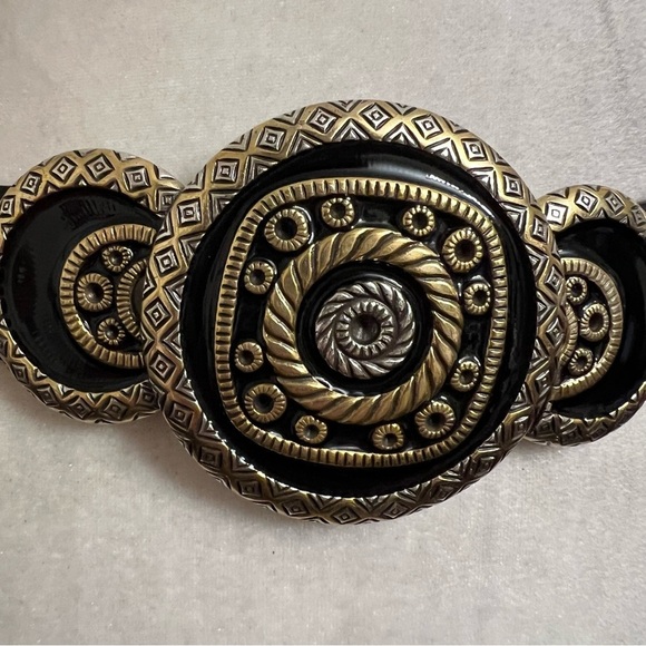 Chico’s black leather statement belt adjustable bold ornate buckle M/L EUC - Picture 7 of 12